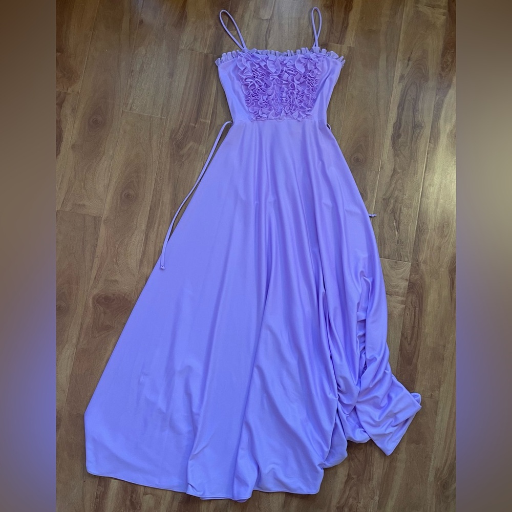 Vintage 70s Pastel Purple Ruffle Spaghetti Strap Formal Maxi Dress Gown XXS/XS - Picture 6 of 9
